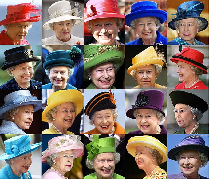 London, UNITED KINGDOM: Combo picture of various portraits of Britain's Queen Elizabeth II wearing hat on different occasions and dates. Royal protocol decrees that Her Majesty always wears a hat in public, while her face must be visible at all times. (AFP/AFP/Getty Images)